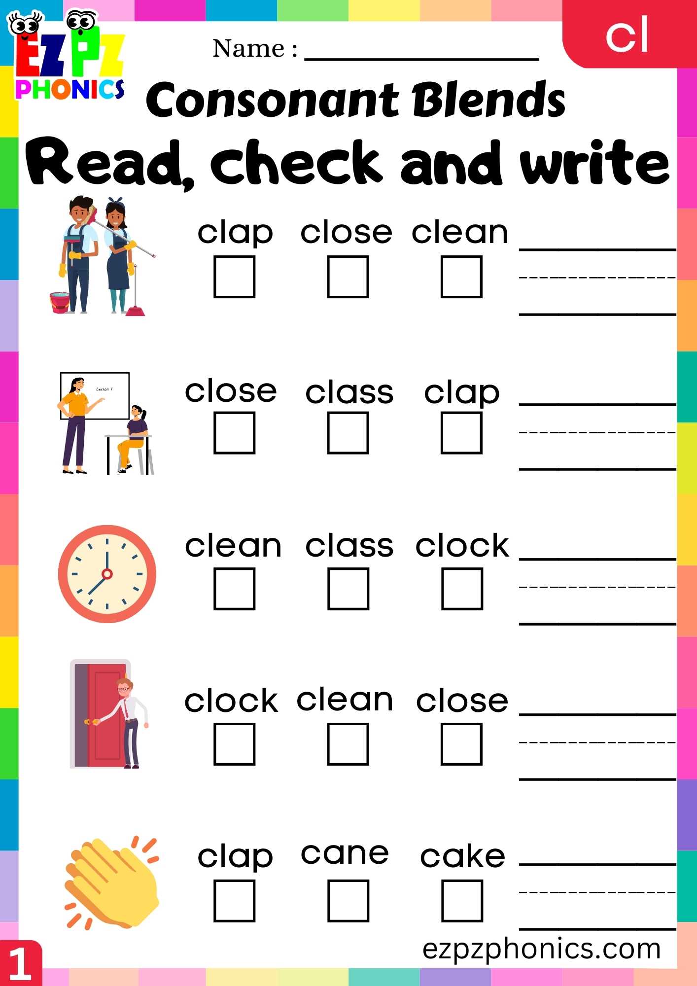 Group1 CL Words Read, Check And Write Phonics Consonant Blends Worksheet